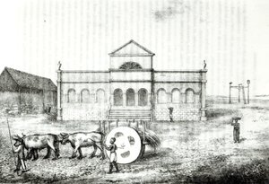 A riói börze, nyilvános trapiche, füves kocsi és akasztófa, illusztráció James Henderson 1821-ben Londonban megjelent „Brazília története” című művéből. alkotó: James Henderson