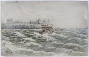 A Littlehampton hasának elakadása és a Tyne mentőcsónak legénységének elvesztése (akvarell, karosszériaszín és papíron kikaparva) alkotó: James Henry Cleet