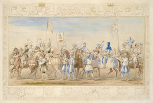 Waterford márki, a sárkány lovagja és Alford vikomt, a fekete oroszlán lovagja kíséretének folytatása, 1839 (ceruza, wc, gouache és aranyfesték papíron) (lásd még: 366229)
