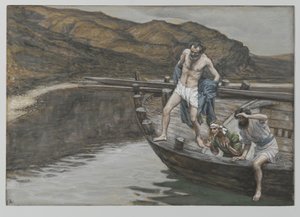 Szent Péter, akit Szent János figyelmeztetett az Úr jelenlétére, a vízbe veti magát, illusztráció: Urunk Jézus Krisztus élete, 1886-94 (wc grafit felett, papíron)