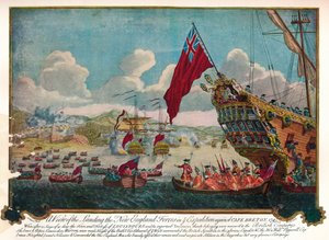 Új-angliai csapatok partraszállása Cape Breton szigetén, hogy megtámadják Louisbourgot, 1747 alkotó: James L. Brooks