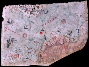 Piri Reis Haritasi 1513-ban elkészült térképe. TOPKAPI PALOTA MÚZEUM, ISTANBUL, TÖRÖKORSZÁG.