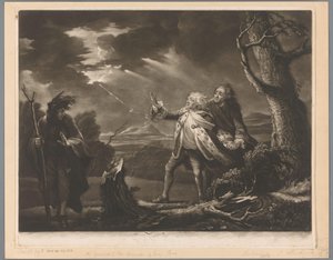 David Garrick Lear király szerepében Kent grófjával és Tomnak álcázott Edgarral egy viharos tájon alkotó: James McArdell