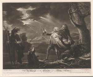 David Garrick Lear király szerepében Kent grófjával és Tomnak álcázott Edgarral egy viharos tájon úr. Garrick Lear király karakterében (cím a tárgyon)