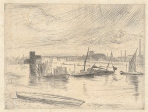 Battersea Dawn (Cadogan Pier), a Temze díszletéből (Tizenhat rézkarc sorozat a Temzéről és más témákról) alkotó: James Abbott McNeill Whistler