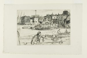 Black Lion Wharf, a Tizenhat rézkarcból álló jelenetek sorozatából a Temzén (a "Temze díszlet") alkotó: James Abbott McNeill Whistler
