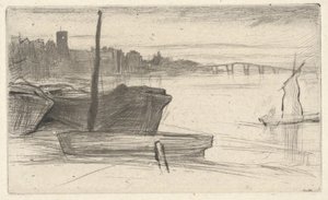A Chelsea-híd és a templom, a „Thames Set” című sorozatból (Tizenhat rézkarc a Temze-parti tájakról és egyéb témákról) alkotó: James McNeill Whistler