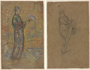 Legyezőt festő japán nő (recto); ruháját felemelő álló nő (verso) alkotó: James McNeill Whistler