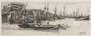 Thames Warehouse, a Temze díszletből (Tizenhat rézkarc sorozat a Temzéről és más témákról) alkotó: James Abbott McNeill Whistler