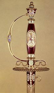 A Kelet-indiai Társaság által James Hartley ezredesnek (1745-99) ajándékozott kard markolata, James Morisset (1766 körül - 1800 körül) 1780 körül (arany és zománc) alkotó: James Morisset