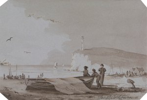 Tengerparti jelenet figurákkal, csónakokkal, világítótoronnyal stb. alkotó: James Pattison Cockburn
