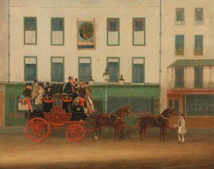 A London-Manchester Stage Coach, „a csúcs gyöngyszeme”, a Peacock Inn mellett, Islington alkotó: James Pollard