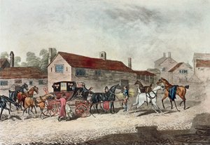 The Mail Coach Changing Horses, metszett R. Havell, 1815