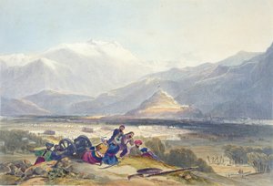 Bala Hissar és Kabul városa a brit kantonokkal a Ba Maroo-dombról, ellenségeskedések kezdődően, 16. tábla az „Afganisztán díszletei, lakosai és jelmezei” című művéből, R. Carrick metszetével (1. k.