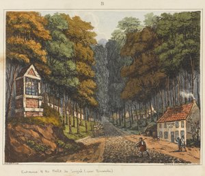 A Brüsszel melletti Foret de Soigne bejárata, 1815, „An Historical Account of the Battle of Waterloo”, 1817 (színes akvatinta)