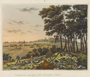 Hougoumont - a kastélyt övező erdő látképe, a "Történelmi beszámoló a waterlooi csatáról" című könyvből.