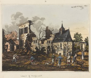 Hougoumont belseje, „An Historical Account of the Battle of Waterloo”, 1817 (színes akvatinta)