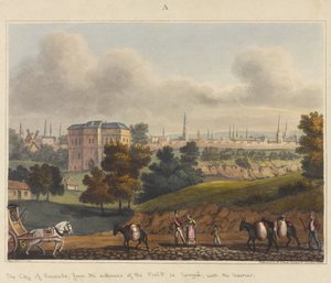Brüsszel városa a Foret de Soignes bejáratától, a sorompóval, 1815, „A waterlooi csata történelmi beszámolója”, 1817 (színes akvatinta)