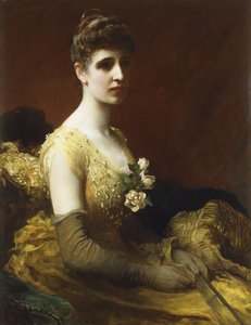 Lady Dixon Rhedai portréja, háromnegyed hosszú, sárga ruhában ül, virágokkal és legyezővel, alkotó: James Sant