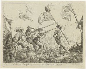 Spotprent op Goejanverwellesluis, 1787 Hazafias polgárok megtámadják a House of Orange-t (cím a tárgyon)