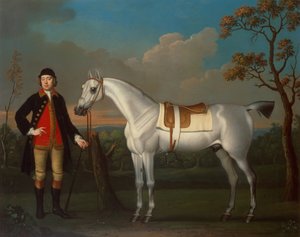 Cumberland hercegének szürke versenylova, "Rák", a lovászfiú kezében (olaj, vászon)
