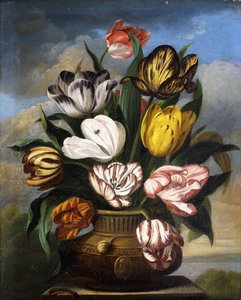 Tulipánok vázában, hernyóval, csigával és légy, lábazaton, tájban, 1826