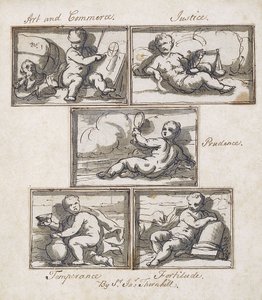 Művészet és kereskedelem; Igazságszolgáltatás; Óvatosság; Mértékletesség; és a lelkierő, alkotó: James Thornhill