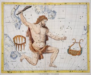 Herkules csillagkép Koronával és Lyrával, 21. lemez az „Atlas Coelestis”-ből, John Flamsteed (1646-1710), 1729-ben megjelent (kézzel színezett metszet)