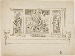 Neptunusz és Amphitrité, Jupiter és Juno mellett: festett csarnok vagy kerti pad tervezése alkotó: James Thornhill