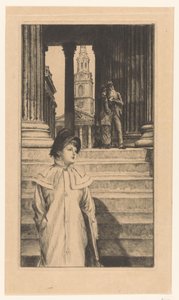 Fiatal nő sétál le a londoni National Gallery lépcsőjén alkotó: James Tissot