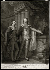 I. Pavlovics Sándor (1777-1825) és Konstantin Pavlovics (1779-1831) oroszországi nagyhercegek portréi. James Walker munkája (1748-1808 körül), metszet 1797. Angol művészet