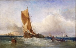 A Temzén (Anglia) közlekedésre és kereskedelemre szolgáló vitorlás a folyó mentén és a keleti parton. Olaj, vászon alkotó: James Webb