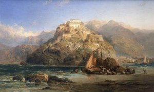 San Sebastián (Spanyolország) látképe, középen az Urgull-hegy és a Santa Cruz de la Mota várának épületei. James Webb (1853 és 1888 között tevékenykedett) olaj, vászon. alkotó: James Webb