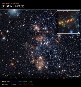 A Sextans csillagképben található poliaromás szénhidrogének (PAH-ok) eltávolítása (Compass Image) alkotó: James Webb Space Telescope (NASA)