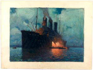 Szállítóhajó füstölése éjszaka, 1919 körül (olaj, karton) alkotó: James de Vine Aylward