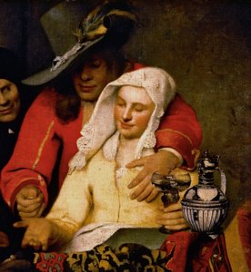 Egy férfi érmét nyújt egy nőnek, aki megérinti a mellét – részlet a The Procuressból