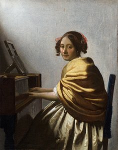 ""Young Woman Seated at a Virginal"" (A Young Woman seated at a Virginal) Jan Vermeer (Johannes) festménye (1632-1675) cca 1670 Méret 25,1x20 cm Magángyűjtemény