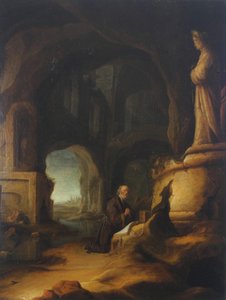 Egy remete imában egy barlangban, klasszikus romokkal alkotó: Jan Adriansz van Staveren