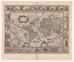 Wereldkaart met dekoratívan randen Az egész világ új földrajzi és vízrajzi térképe alkotó: Jan Aertse van den Ende