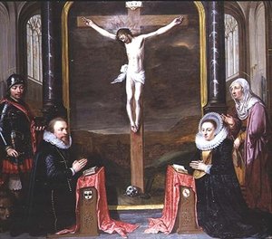 Keresztrefeszítés az adományozók portréival Adriaen Meusyenbroeck és felesége, Anna Elant, részt vett Szent Adrián és Szent Erzsébet alkotó: Jan Anthonisz. van Ravesteyn