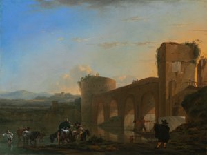 A Tiberis folyó és a Ponte Molle naplementekor