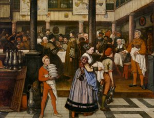 Frans Floris részt vesz a Szent Lukács céh bankettjén (olaj, vászon)