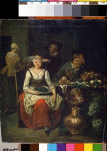 A zöldség-gyümölcs kereskedőnél (Zöldségkereskedésnél). Jan Baptist Lambrechts (1680-1731) festménye. flamand művészet. Olaj, fa. Állami M. Ciurlionis Művészeti Múzeum, Kaunas alkotó: Jan Baptist Lambrechts