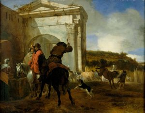 Olasz tájkép lovasokkal egy forrás mellett alkotó: Jan Baptist Weenix