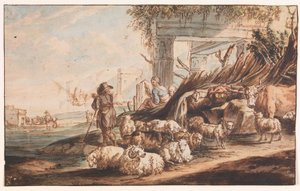 Pásztor juhnyájjal és tehénnel a romok között alkotó: Jan Baptist Weenix