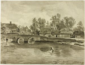 Férfi halászat a falu közelében folyóban alkotó: Jan Baptiste de Jonghe