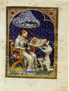 Jean de Vaudetar átadja a könyvet ajándékba a francia V. Károlynak. Jean de Vaudetar bibliatörténetéből, 1372 alkotó: Jan Bondol