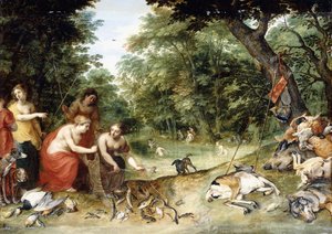 Az elemek, a föld, a levegő és a víz allegóriája: Erdős tisztásban fürdőző nimfák a közeli vadászat trófeáival, 1621 körül