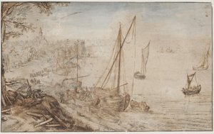 Folyói táj. Az előtérben egy csónakot rakodnak, és férfiak deszkát vágnak alkotó: Jan Brueghel d.Æ.