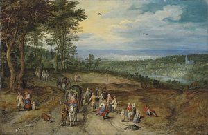 Kiterjedt erdős táj, az úton utazókkal és az előtérben táncoló parasztokkal / Landscape with Travellers and Peasants on a Track (Tájkép utazókkal és parasztokkal az úton) alkotó: Jan Brueghel the Elder